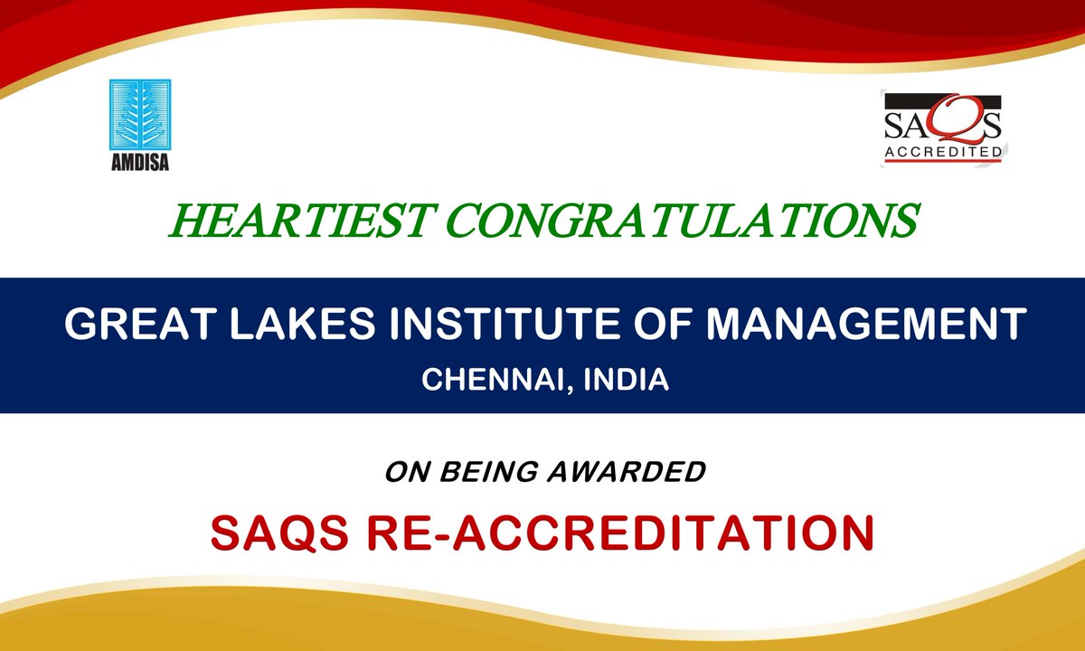AMDISA_ORG's tweet photo. HEARTIEST CONGRATULATIONS

Great Lakes Institute of Management, Chennai, India
@GreatLakes_MBA

on being awarded

SAQS RE-ACCREDITATION https://t.co/vqZ88lUFSp