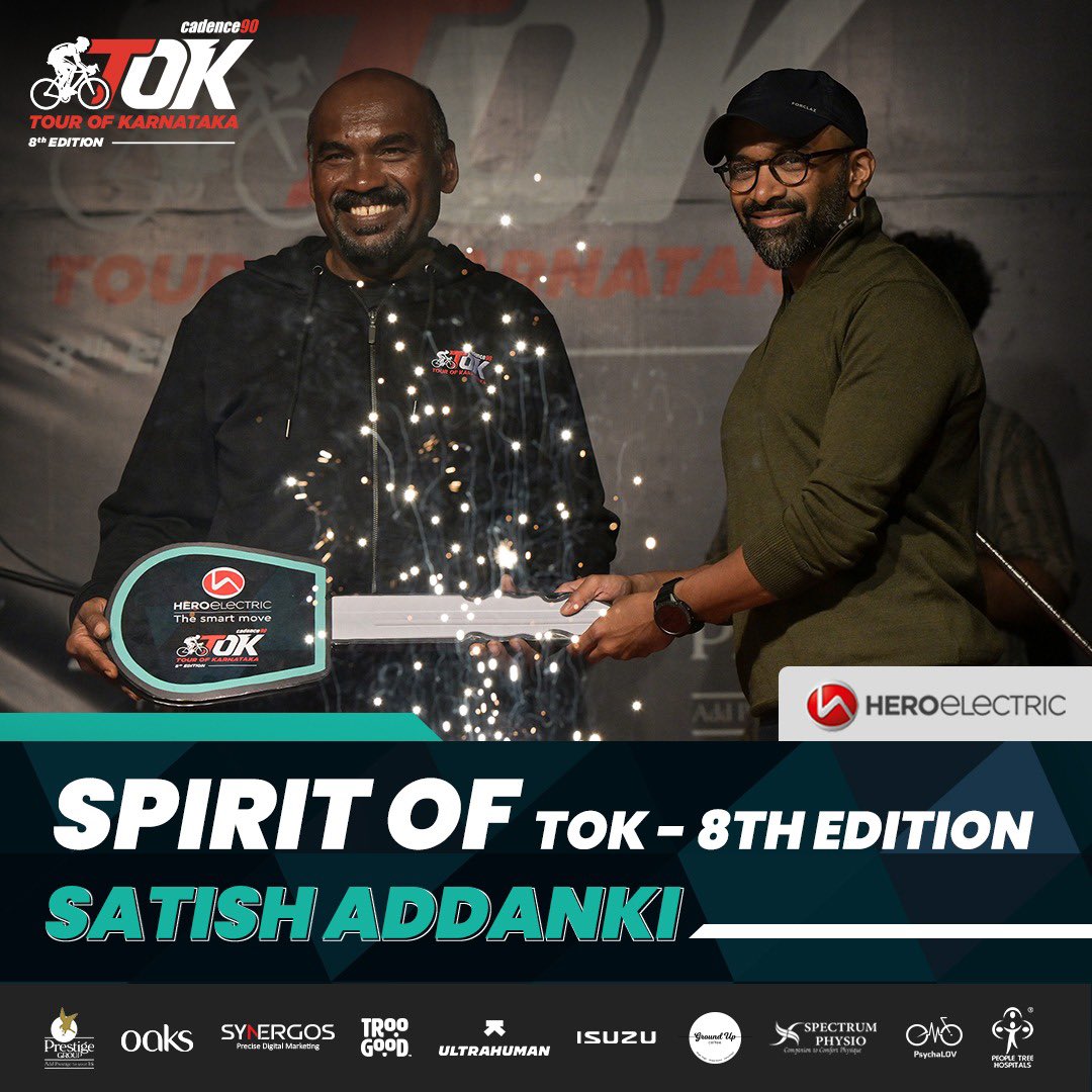 TourOfKarnataka's tweet photo. We are proud to announce this years Spirit of TOK winner, Mr Satish Addanki on winning a brand new Hero Electric scooter. He was unanimously nominated by all the people involved with TOK 8. Congratulations!!!
#tok #tok8 #tourofkarnataka8 #cycling #spiritoftok #electricscooter https://t.co/YUHgWPEKsd