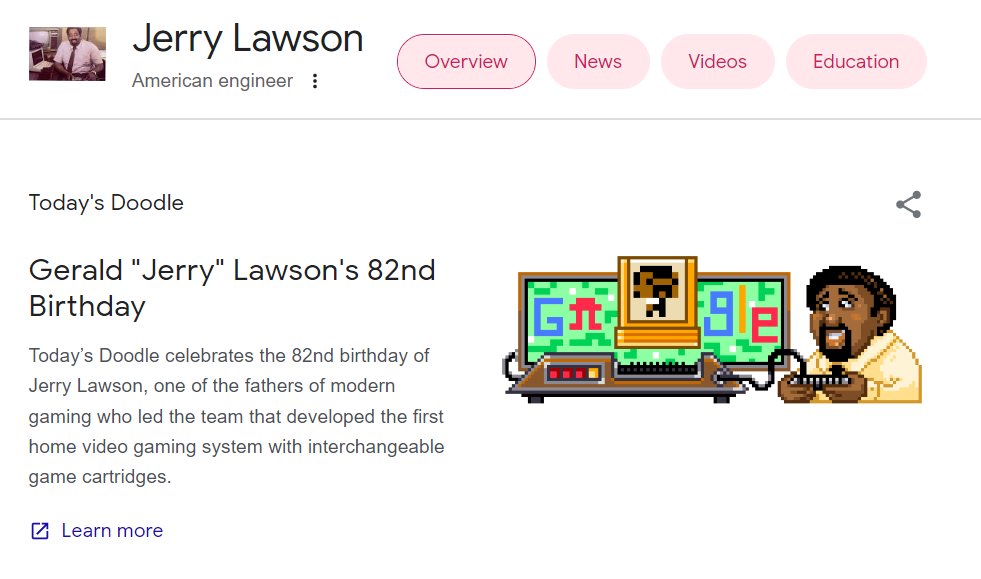 BienSur_JeTaime's tweet image. Today's Google doodle is a playable video game honoring Jerry Lawson, a Black engineer who revolutionized home gaming in the 80s. We wouldn't have things like PS5s without pioneers like Jerry.