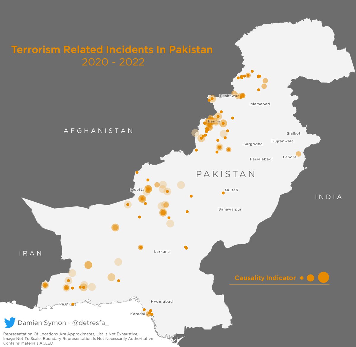 detresfa_'s tweet photo. As the Tehreek-e-Taliban Pakistan (TTP) urged its fighters to resume attacks in #Pakistan ending its ceasefire with the government, here's a basic map documenting various terror related incidents across the country in the last two years using ACLED data https://t.co/hvJtgYsesM