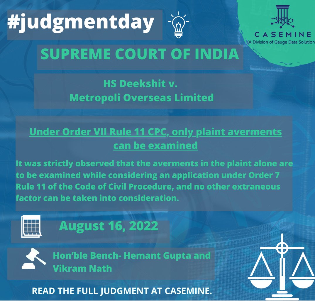 caseminelaw's tweet photo. The judgement for the week is "HS Deekshit v. Metropoli Overseas Limited"
You can view this judgement on CaseMine.
https://t.co/Z5sx1kfIxZ
#lawyers #lawyer #caseminelaw #casemine #supremecourt #courts #law #legaltech #legalresearch #research #indianlaw #lawstudent #judge https://t.co/5Qzn6TSjPC