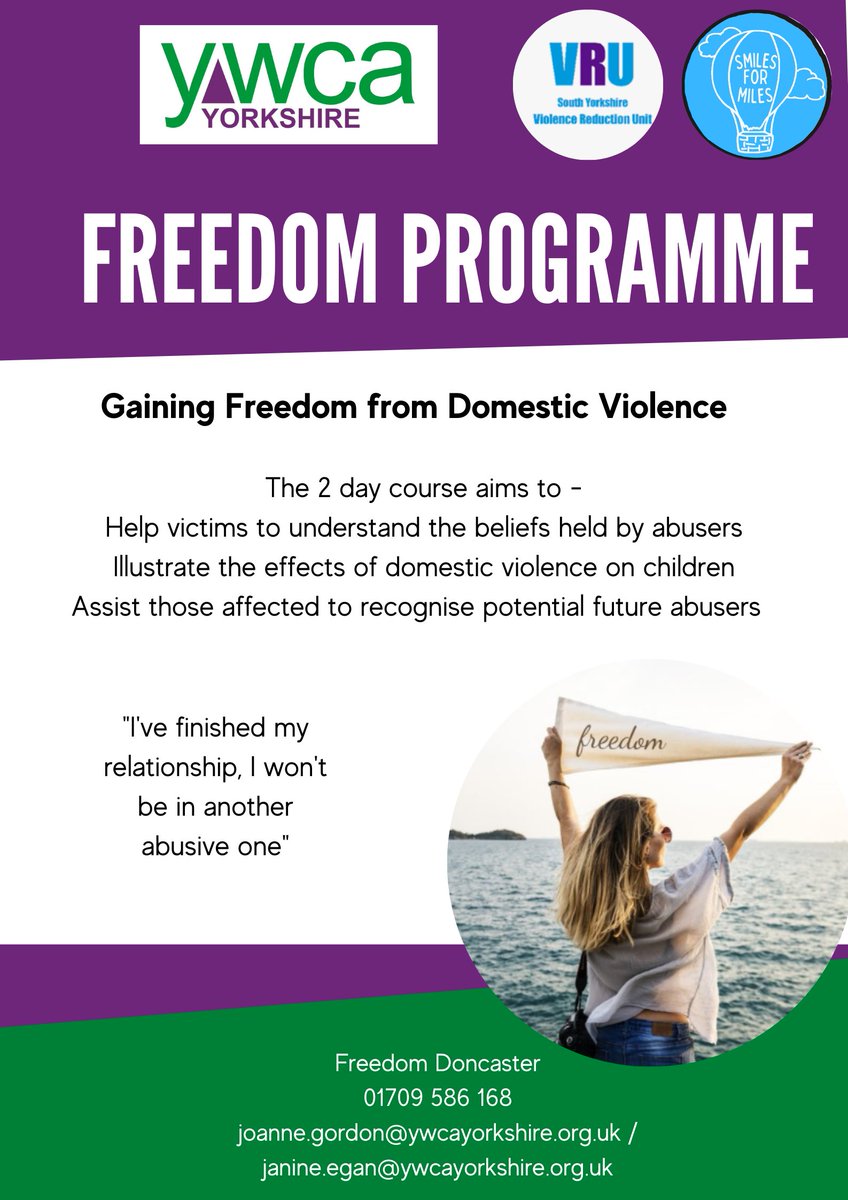YWCAYorkshire's tweet photo. #FreedomProgramme examines the attitudes and beliefs of abusive men and the responses of victims and survivors. Learn to protect yourself from relationship abuse and controlling behaviours #domesticabuseawareness https://t.co/Aka9u8F8P3