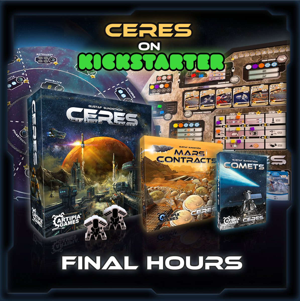 Final 36 Hours for #CERES on #Kickstarter! Join our campaign now and get everything at great prices, 14 Stretch Goals already unlocked! 🚀 Ceres awaits you!🚀😁 #scifi #workerplacement #tabletopgaming kickstarter.com/projects/24147…