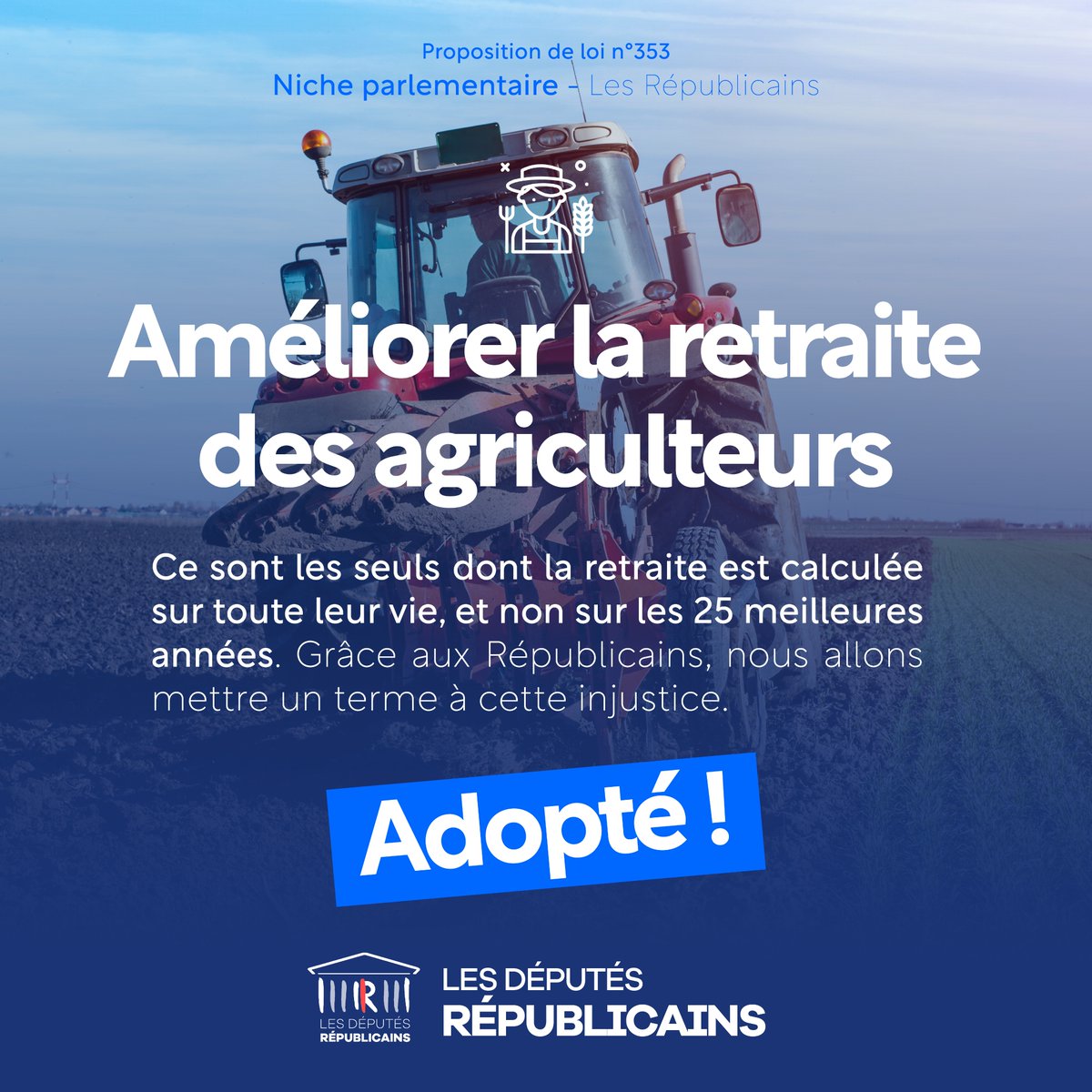 ▶️ Adopté ! 

Les agriculteurs étaient les seuls dont la retraite était calculée sur toute leur carrière, et non sur les 25 meilleures années comme les autres salariés.

✅ Aujourd'hui, grâce aux <a href="/lesRepublicains/">les Républicains</a>, nous mettons fin à cette injustice.

#DirectAN - #NicheLR