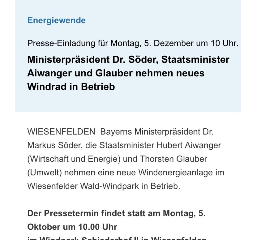 Wenn ihn #Bayern mal ein einzelnes #Windrad in Betrieb geht, rückt direkt die ganze Staatsregierung an - kommt ja auch nicht oft vor dort…#Energiewende