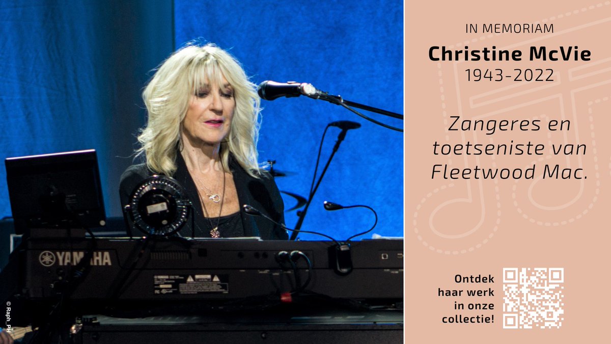 #inmemoriam
Christine McVie (1943-2022), toetseniste en zangeres van Fleetwood Mac.

► Ontdek haar werk in onze collectie via tiny.cc/christinemcvie
► Lees meer: focus.knack.be/muziek/christi…