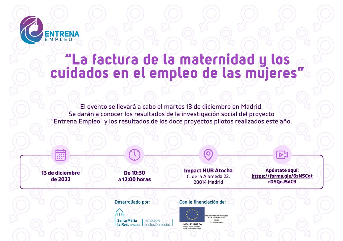 AreaEmpleoFSMLR's tweet photo. 📢 “La #factura de la #maternidad y los #cuidados en el #empleo de las #mujeres”. 👉 Es el título de la #jornada que organizamos el 1⃣3⃣ para presentar los #resultados de la #InvestigaciónSocial y los doce #ProyectosPiloto de #EntrenaEmpleo  🟪 🙋‍♀️🟪https://t.co/abcJFUkBTn https://t.co/Yr4Ilr5TDy