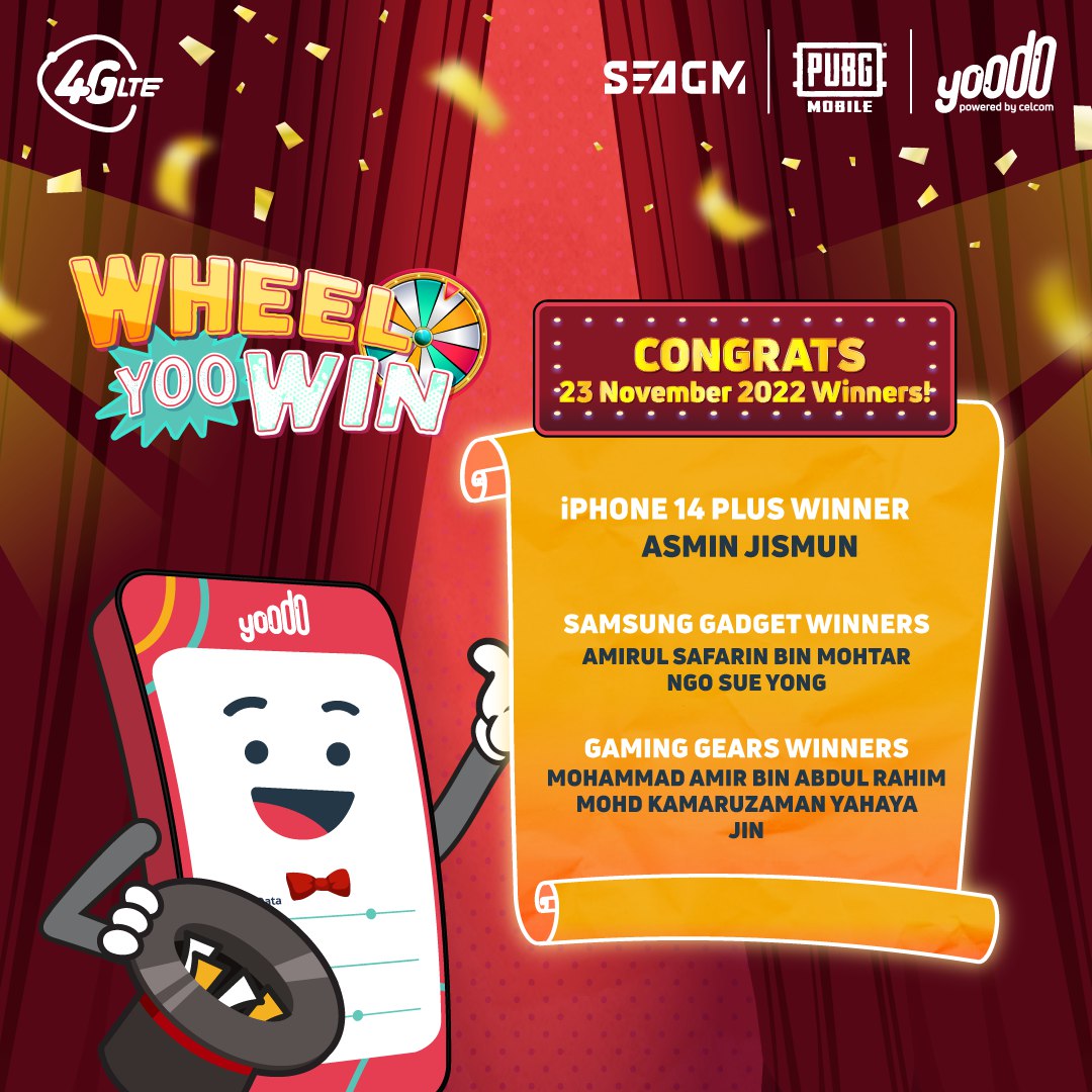 yoodoMY's tweet photo. Congrats to our Round 2 #WheelYooWin Grand Prize WINNERS! ๐คฉ
To everyone else, well, there's one last chance to win BIG on amazing lucky draw prizes.
Just spend, spin & share by 21 December to win your share of RM2,000,000! ๐โจ
#Yoodoityourway @SEAGM @pubgmobilemy https://t.co/kufoUWuMvz