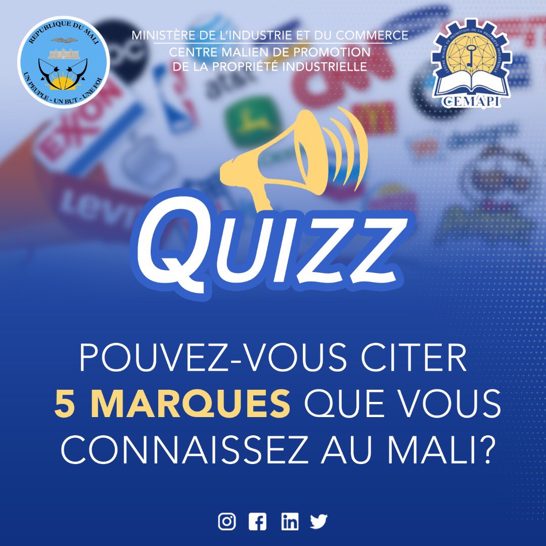 #QuizzDay 

Chers Followers!!!

Pouvez-vous nous citer 5 #Marques que vous connaissez au #Mali? 

Top c’est parti…..