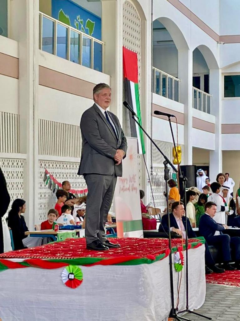 GermanEmbUAE's tweet photo. What a great spirit of community at this week’s #UAENationalDay51 at the German Int'l School Abu Dhabi! Ambassador Schönfelder &🇩🇪 Embassy staff joined the event & send their special thanks to the students & the whole #GISAD community for the amazing performances & their support! https://t.co/RMcvMblihM