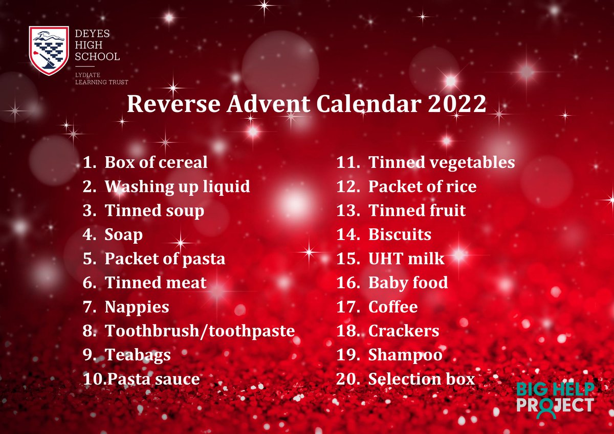 We're proud to launch our reverse advent calendar today in aid of @BigHelpProject! Students can donate any item listed below in their forms and the local community can drop items off at reception. All donations will be donated to local families in need. Thanks for your support.
