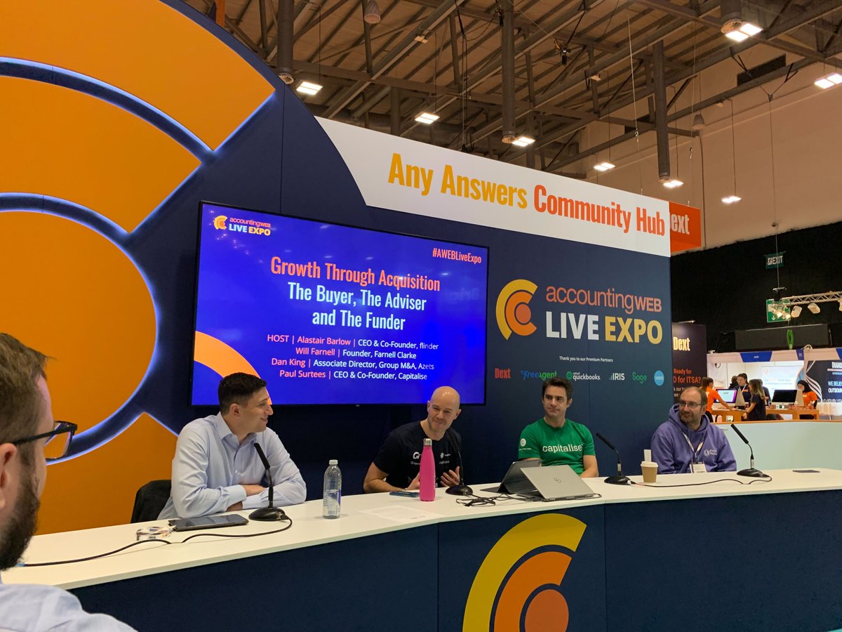 Capitalisers's tweet photo. Accountants do you hear your clients saying "I want to grow quick, but how will I fund it?"🚀

Brilliant #AWL speaker session with Paul Surtees, Alastair Barlow, Will Farnell and Dan King as discuss all things client acquisitions and when to look to the market for support. https://t.co/bdF0eruJDJ