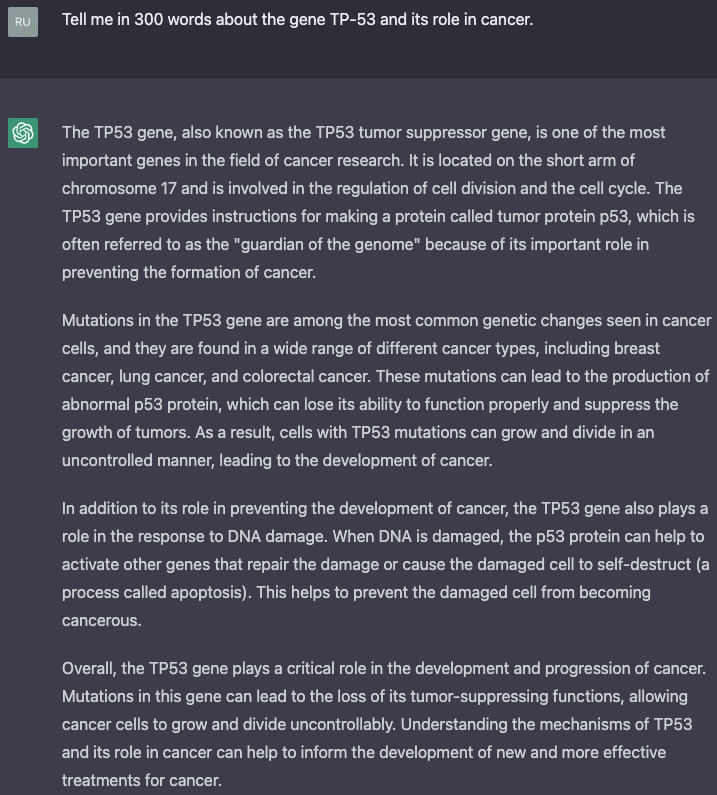 DrewsRM's tweet photo. I can't seem to stop now. Have a look at what ChatGPT tells me about TP53 and BRCA1. This is more succinct than any academic paper, faster and easier to understand than any lecture. 

The consequences are far reaching. Learning, writing, research... https://t.co/UqmkACnNIV