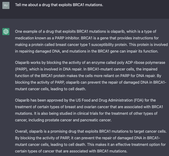 DrewsRM's tweet photo. I can't seem to stop now. Have a look at what ChatGPT tells me about TP53 and BRCA1. This is more succinct than any academic paper, faster and easier to understand than any lecture. 

The consequences are far reaching. Learning, writing, research... https://t.co/UqmkACnNIV