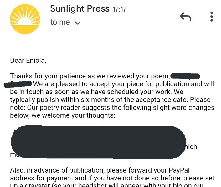 catalogue-of-possiblities. (@eniola_abdulroq) on Twitter photo so far...
pushcart prize nomination from <a href="/perhappened/">perhappened | on hiatus</a>, acceptance from <a href="/Sunlight_Press/">The Sunlight Press</a>, and proof copy of my forthcoming pub from @TheBitchinK.
alhamdulilah. so far...
pushcart prize nomination from <a href="/perhappened/">perhappened | on hiatus</a>, acceptance from <a href="/Sunlight_Press/">The Sunlight Press</a>, and proof copy of my forthcoming pub from @TheBitchinK.
alhamdulilah.