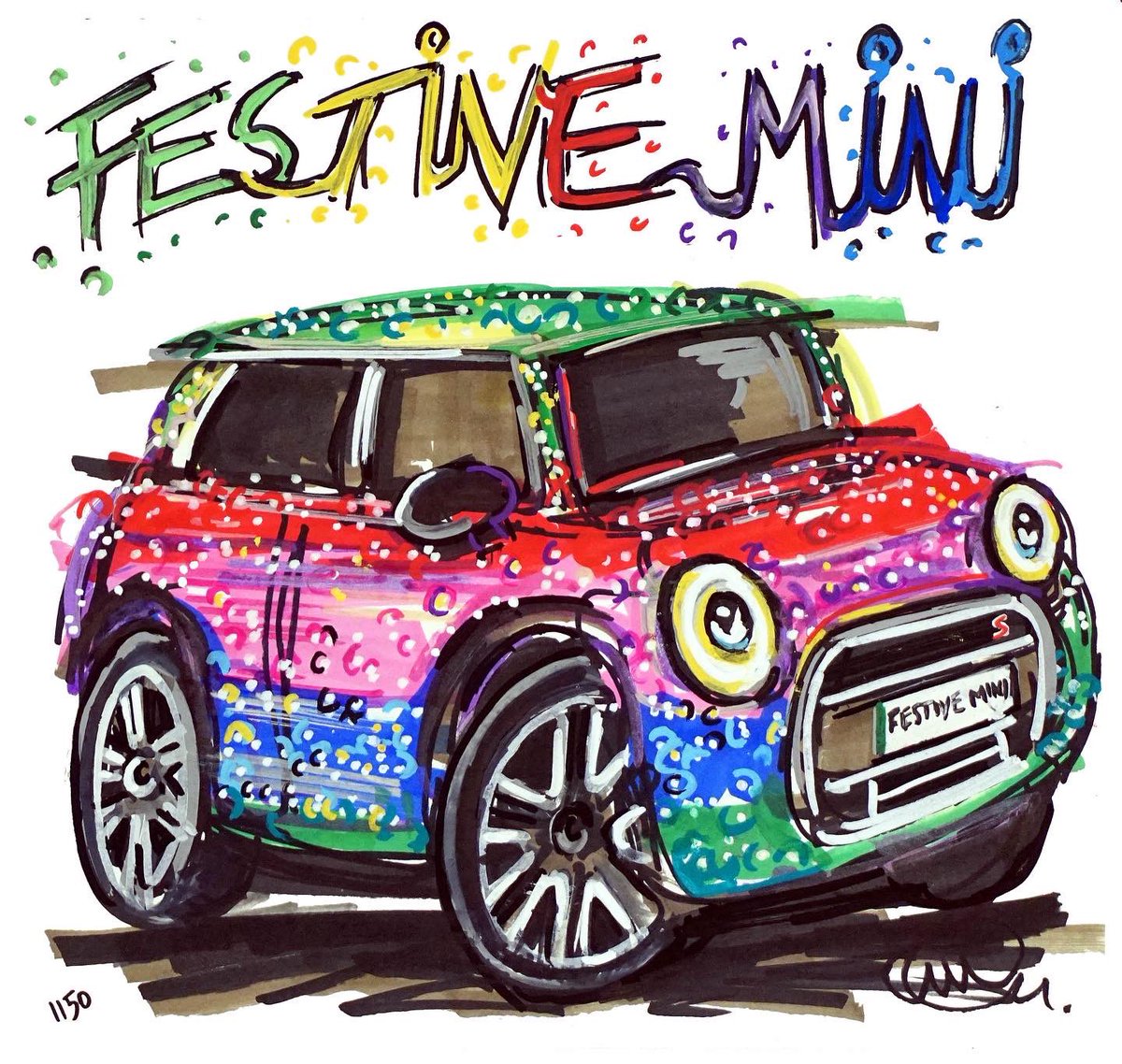 Popbangcolour's tweet photo. Good news! This Saturday @FargoVillage ‘s Christmas Market @drivingwithnico will be on site with the latest #FestiveMini 

Last year I joined him &amp; the @MINIUK whilst @SilverstoneUK ‘s #LapOfLights creating a #ContinuousCar drawing of it #TBT 

Come say hi on Saturday at FarGo! https://t.co/q4Eq7ije0Y