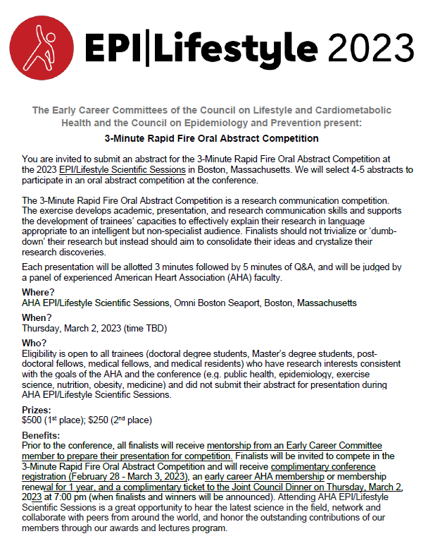 Stephen Juraschek MD, PhD, FAHA, AHSCP-CHS (@spjuraschek) on Twitter photo Here is a great professional opportunity for trainees hosted by the AHA Epidemiology Early Career Committee! We look forward to seeing your work in Boston!
<a href="/AHAScience/">AHA Science</a> <a href="/AHAMeetings/">AHAMeetings</a>
professional.heart.org/en/meetings/ep… Here is a great professional opportunity for trainees hosted by the AHA Epidemiology Early Career Committee! We look forward to seeing your work in Boston!
<a href="/AHAScience/">AHA Science</a> <a href="/AHAMeetings/">AHAMeetings</a>
professional.heart.org/en/meetings/ep…