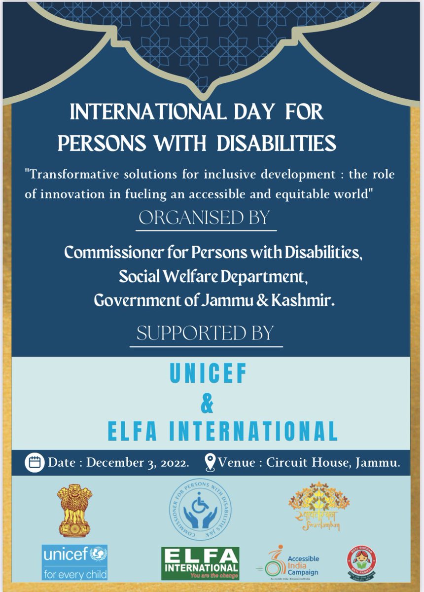 CPWDSJK's tweet photo. Join us for Observance of International Day of Persons with Disabilities on 3rd December 2022.

Jammu : Convocation hall Circut House Jammu .

 Srinagar: Information and PR Auditorium Poloview Srinagar. https://t.co/d7ransSI05
