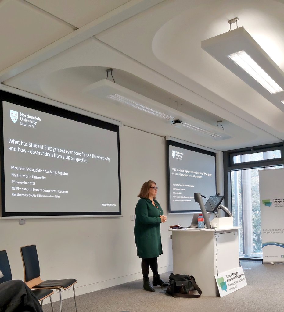 kevinmcstrav's tweet photo. Great to catch up with Maureen McLaughlin, Academic Registrar @NorthumbriaUni and formerly of @QAAtweets.
Maureen is taking #NStEPNetwork through the UK's journey in Student Engagement and presenting some examples of practice in Northumbria. https://t.co/FHFty52Dfh