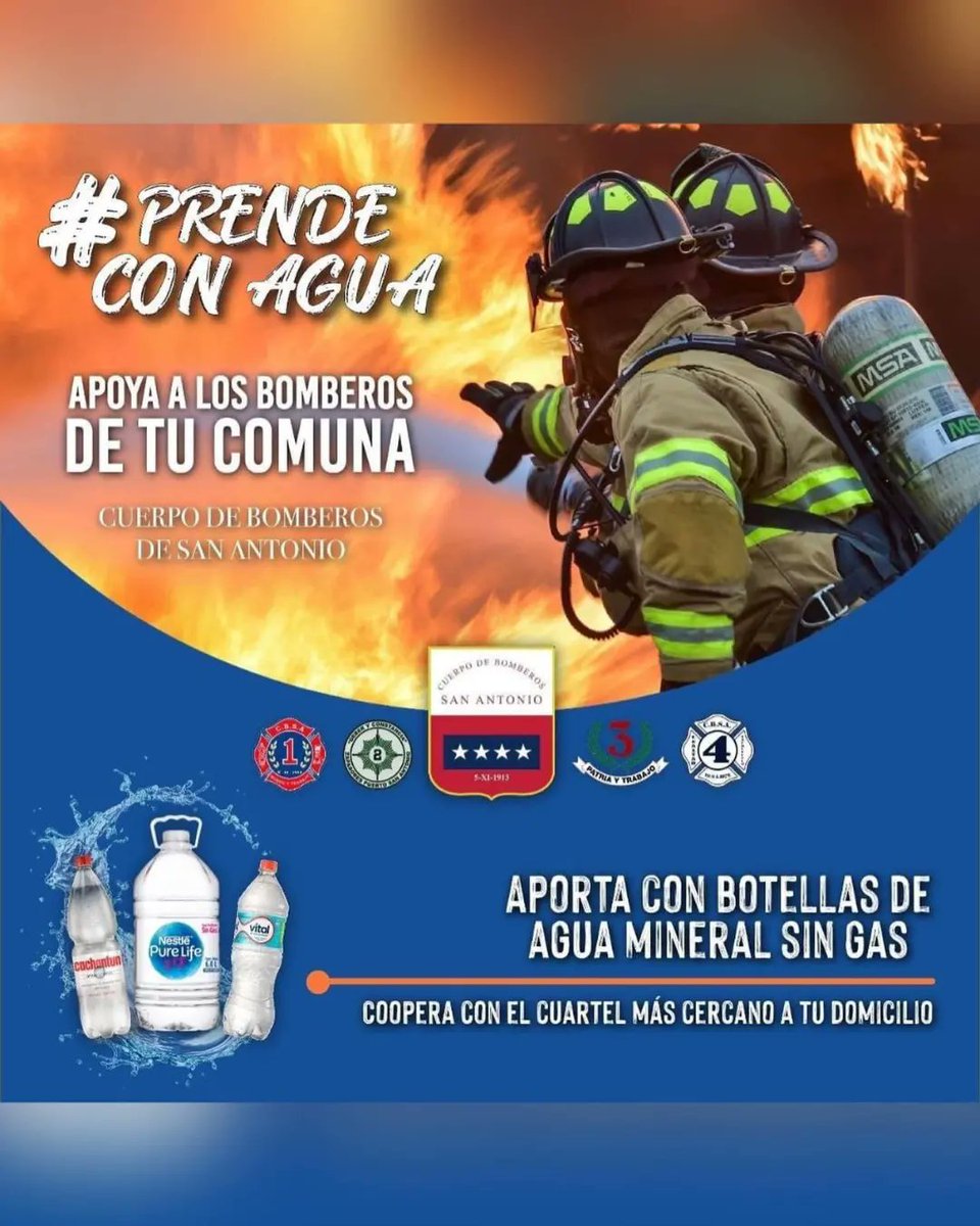 Cómo <a href="/FuerzaSanzChile/">La Fuerza de Sanz Chile ♪❤🇨🇱</a> nos sumamos a la campaña  #PrendeConAgua de Bomberos y donamos agua embotellada y barritas de cereales para los voluntarios de San Antonio 🚒👩‍🚒👨‍🚒🇨🇱
#LaFuerzaDeLaSolidaridad 💪❤
<a href="/AlejandroSanz/">Alejandro Sanz</a>
<a href="/LFdCesmas/">LaFuerzadelCorazón</a>
<a href="/CBSA1913/">Bomberos San Antonio</a> 
<a href="/BomberosdeChile/">Bomberos de Chile</a> 
<a href="/terceracbsa/">BOMBA LLOLLEO</a>