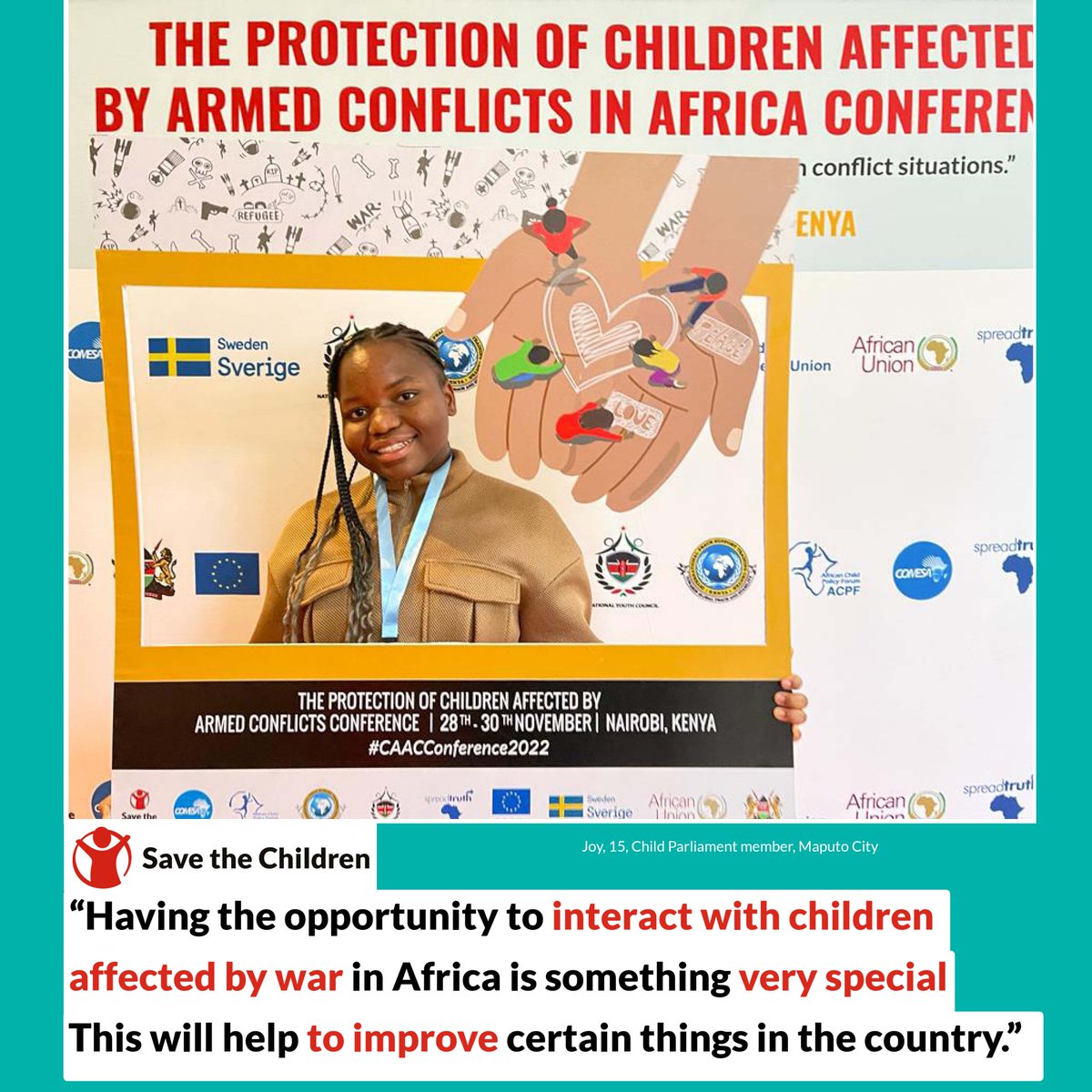 savechildrenMoz's tweet photo. The #CAACConference2022 that closed yesterday in Nairobi, posed an opportunity to our own #childparliament leadership to understand more on the war hardships on children. Joy, Young MP member in Maputo city, believes that something is about to change on the way they see the war. https://t.co/8oSTmUwYhh