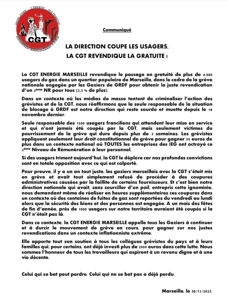 📣 La #CGT revendique le passage en gratuité du gaz de plus de 6.000 usagers dans les quartiers populaires de #Marseille, plus de 700 dans le #Var et plus de 6.000 dans la région de #ClermontFerrand
<a href="/afpfr/">Agence France-Presse</a>