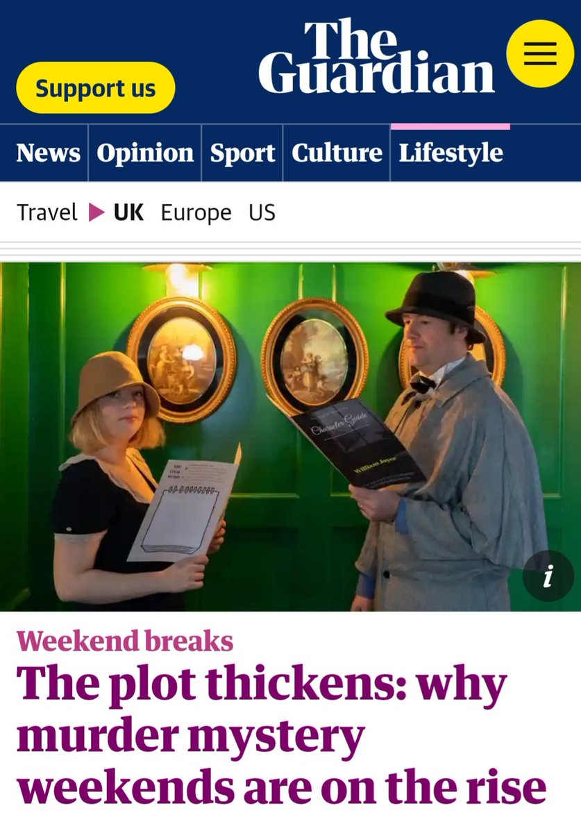 JoyMurderWkds's tweet photo. Thanks so much Sally Howard at @guardian for the terrific write up about my Original Murder Mystery Weekends.
https://t.co/WogTlrdLnW
To book a weekend https://t.co/4fRU1BXrks
#originalmurderweekends #MurderWeekend #mysteryweekends #whodunit #weekendactivity #ukbreak https://t.co/tI6IUm3YWh