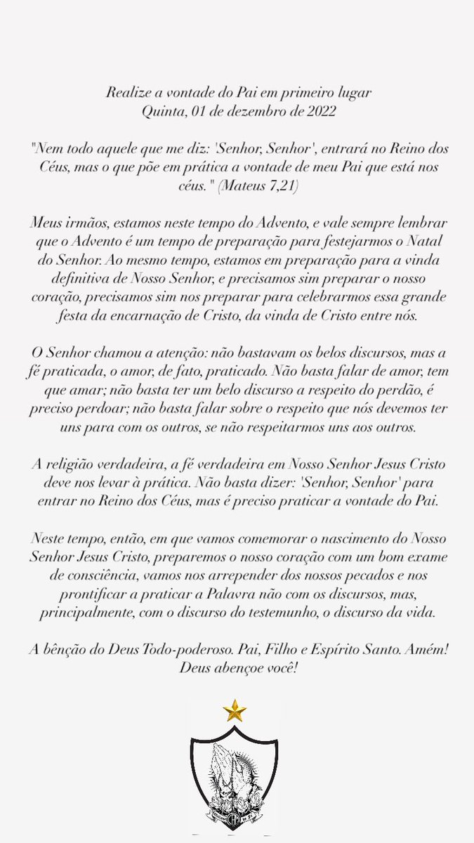 AtleticanosDeFe's tweet photo. Realize a vontade do Pai em primeiro lugar
Quinta, 01 de dezembro de 2022

"Nem todo aquele que me diz: 'Senhor, Senhor', entrará no Reino dos Céus, mas o que põe em prática a vontade de meu Pai que está nos céus." (Mateus 7,21)

#AtleticanosDeFé https://t.co/voV5lk2DHI