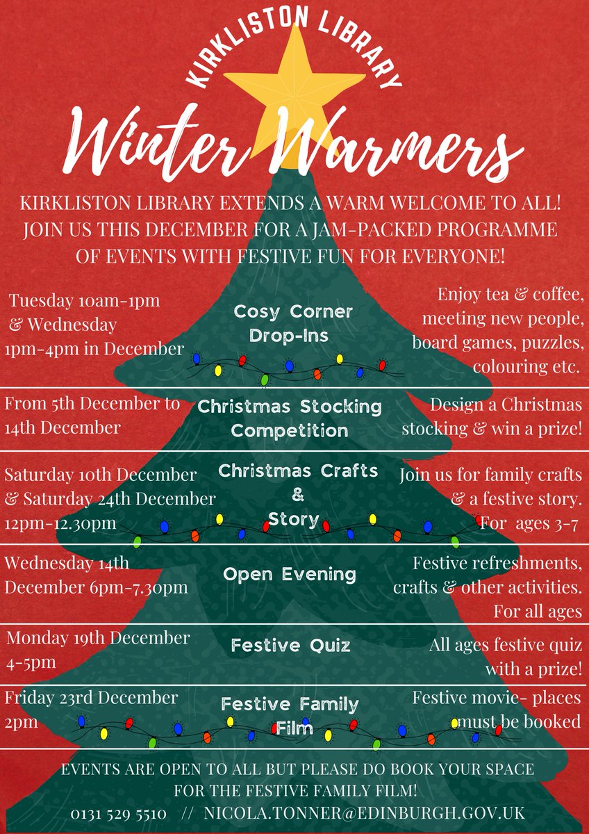 KirklistonL's tweet photo. Excited to announce our programme of events for December and to launch our Library as a Warm Welcoming Space. All welcome 🥰
#Libraries #WinterWarmers #community https://t.co/fvpgcnqe2W