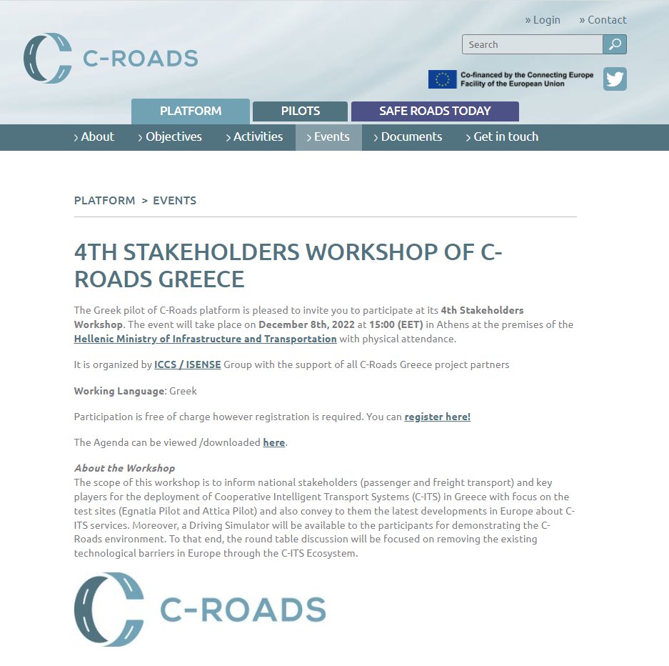 cRoadsGreece's tweet photo. 💡The @cRoadsGreece 🇬🇷 4⃣th Stakeholders #Workshop is featured on the @cRoadsPlatform website, at "Events" section ‼️

📌Read #more 👉: https://t.co/b6Db0ES4Gx

📢Registration is still #open: https://t.co/6KMkz6p2GJ

@cinea_eu  #CITS #cooperativeITS #Greece #cRoadsPlatform #CINEA https://t.co/AQvdGerRI9
