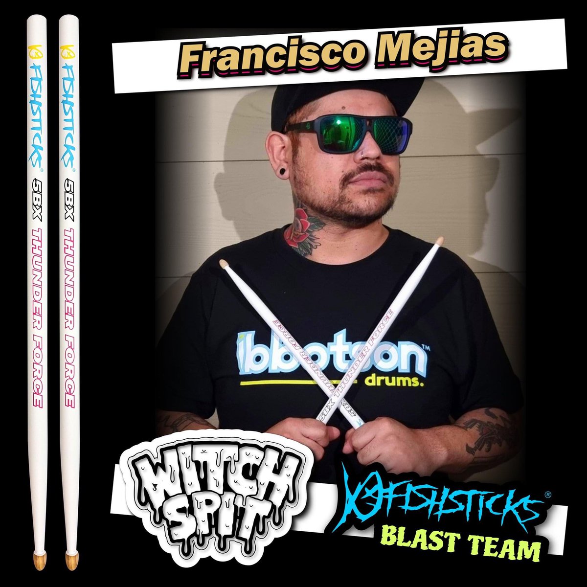 elwasofran's tweet photo. Hey I got a drum stick endorsement, thanks to @ibbotsondrums I’ll be playing #Fishsticks 5BX Thunder Force.
Use promo code MEJIAS10 for 10% off all pairs of @Fishsticks drumsticks by @ibbotson drums at https://t.co/q3L4Ynkzp0 #fishsticks #ibbotsondrums #blastteam https://t.co/n3KxtLhkIW
