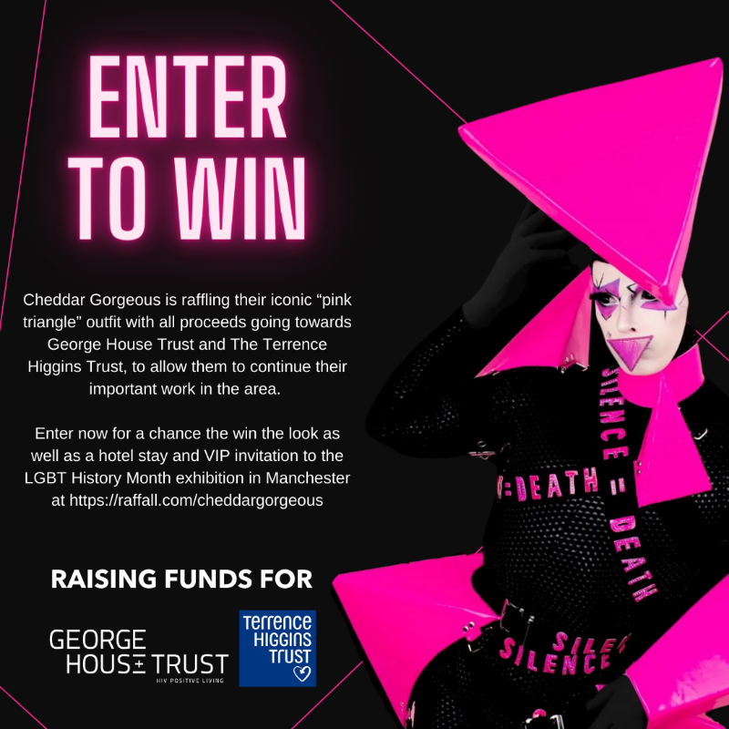 THTorguk's tweet photo. Our highlight of this season's @RuPaul's Drag Race UK was @CheddarGorgeous' pink triangles outfit in homage to Silence=Death &amp; early HIV activism.

On #WorldAIDSDay Cheddar is raffling off this iconic lewk for just £2.50 a ticket to support our work &amp; @GeorgeHouseTrst. Please RT!