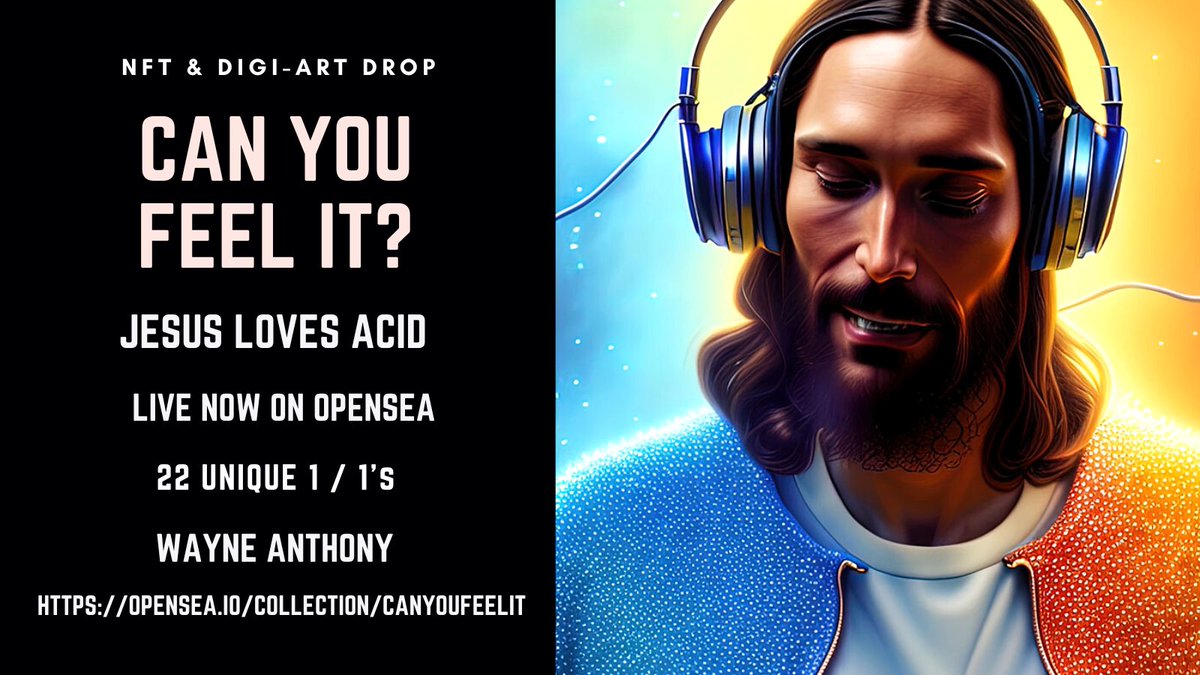 WayneAnthony88's tweet photo. Super excited to present the first Can You Feel It Drop Today It's inspired by Acid House &amp; Infamous track Jesus Loves Acid. 22 Unique pieces Check Them Out https://t.co/4hreOEl10i 
#AcidHouse #NFTcommunity #RavehistoryNFT #aicommunity #NFT #NFTdrops #Raves #AIart #AI #EDMNFT https://t.co/ZkQ9D51EJz