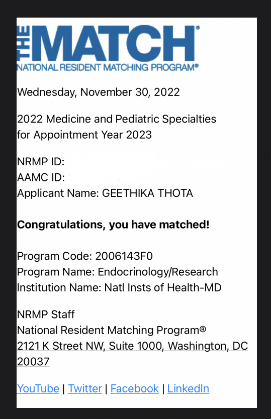 Geethika Thota (@geethikapthota) on Twitter photo Here it is! Immensely grateful to be matched with <a href="/NIH/">NIH</a> <a href="/dr_muniyappa/">Ranganath Muniyappa</a>. Dream come true to go into endocrinology! Thank God for the blessing. Grateful to my family, friends, and mentors <a href="/SPUHIMresidents/">Saint Peter's Internal Medicine Residency Program</a> <a href="/TheEndoSociety/">Endocrine Society</a> <a href="/TheAACE/">AACE</a> <a href="/AmThyroidAssn/">American Thyroid Association</a> <a href="/ACPinternists/">ACP</a> <a href="/AMAEdHub/">AMA Ed Hub™</a>
#Endotwitter Here it is! Immensely grateful to be matched with <a href="/NIH/">NIH</a> <a href="/dr_muniyappa/">Ranganath Muniyappa</a>. Dream come true to go into endocrinology! Thank God for the blessing. Grateful to my family, friends, and mentors <a href="/SPUHIMresidents/">Saint Peter's Internal Medicine Residency Program</a> <a href="/TheEndoSociety/">Endocrine Society</a> <a href="/TheAACE/">AACE</a> <a href="/AmThyroidAssn/">American Thyroid Association</a> <a href="/ACPinternists/">ACP</a> <a href="/AMAEdHub/">AMA Ed Hub™</a>
#Endotwitter