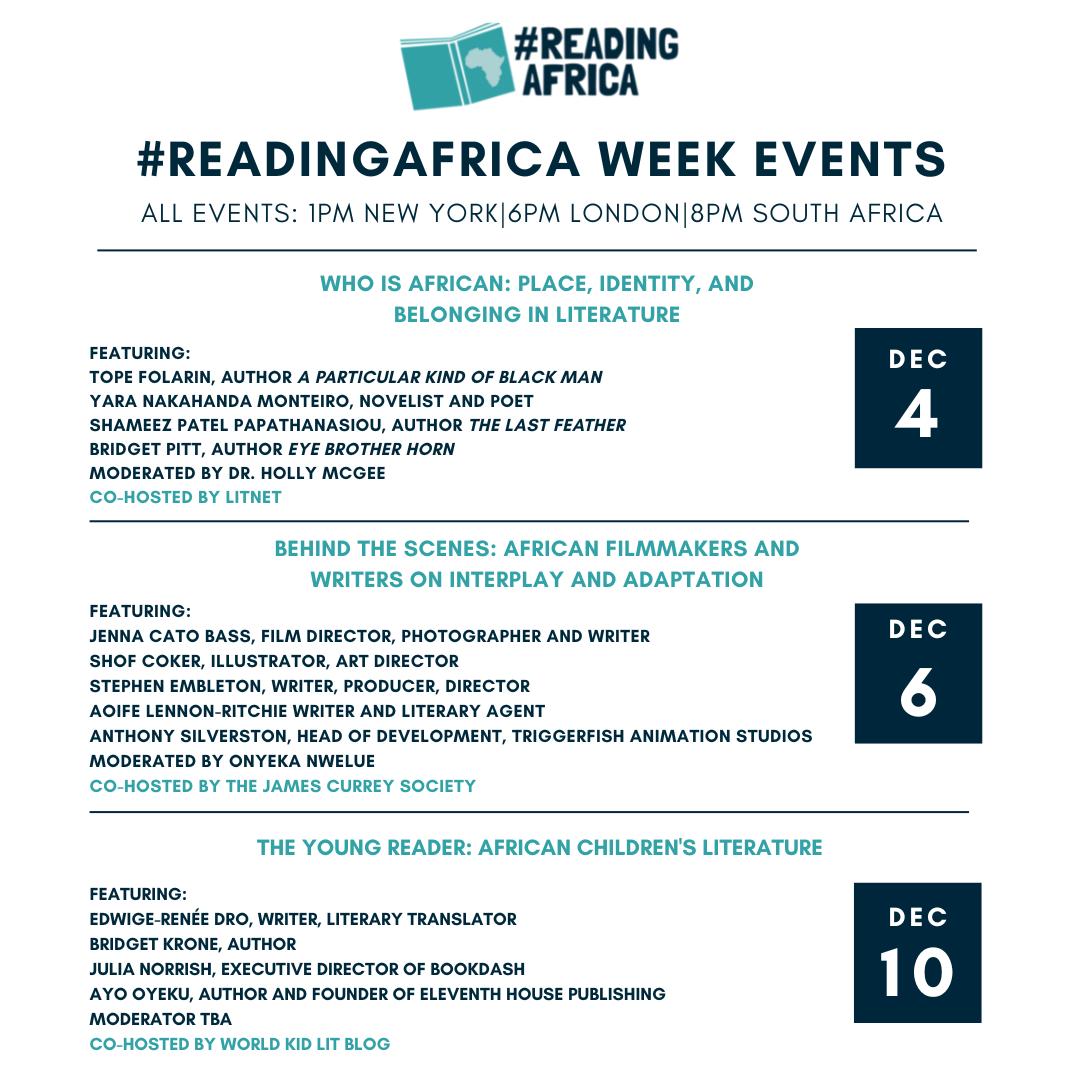 It's nearly #ReadingAfrica Week! Register now for our kid lit event cohosted with @catalystpress  
Dec 10 @ 6pm UTC
Featuring 
@DroEdwige, Bridget Krone, @julsey_claire of @bookdash, @ayo_oyeku of @homeforwords, chaired by @jlpowers
 
#WorldKidLit
docs.google.com/forms/d/e/1FAI…