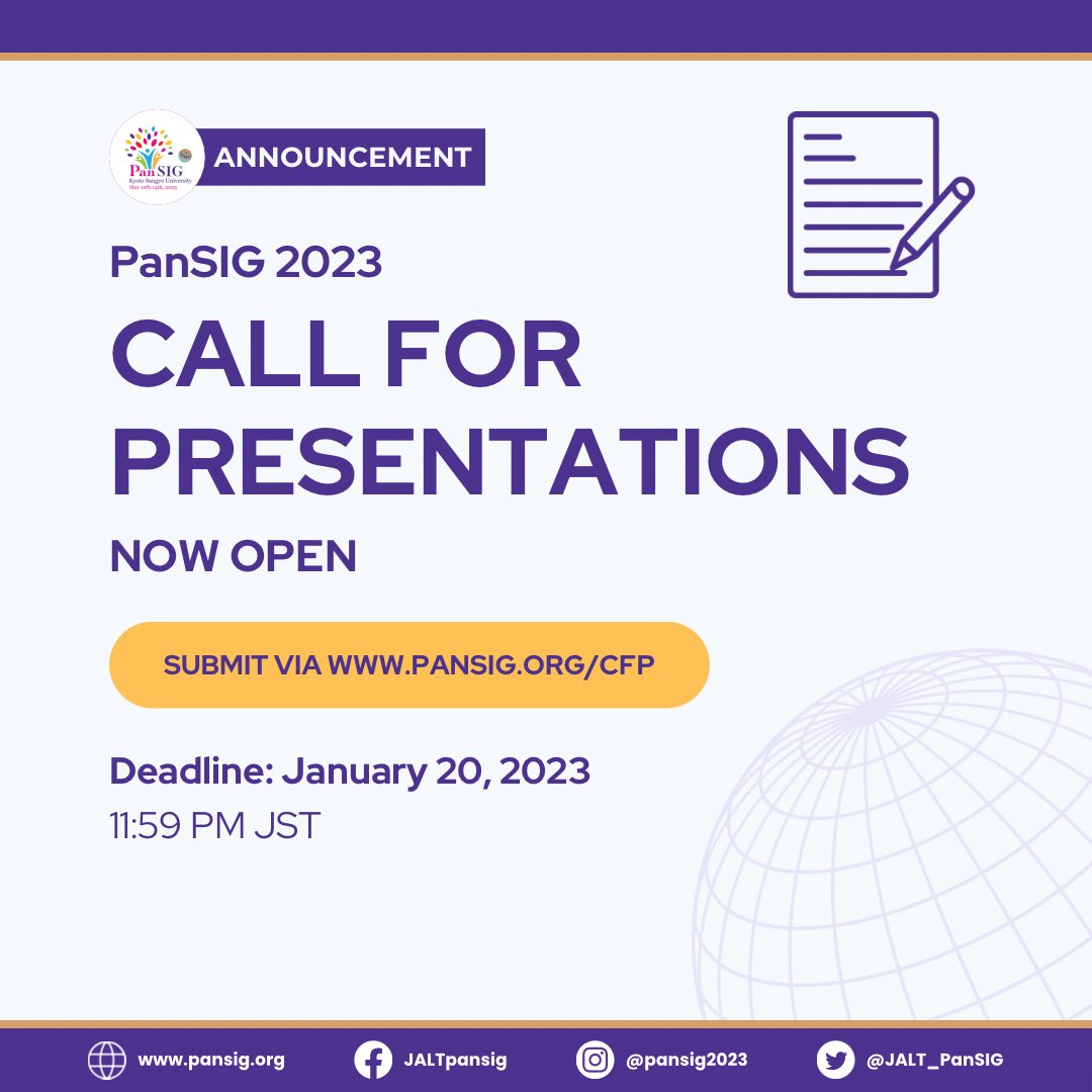 21coffeebreak's tweet photo. #PanSIG2023 Call for Presentations
OPEN!
Visit https://t.co/v9N8eE0wOF for more information and to submit your proposal! 

#conference #japan #pansig #languageteaching #callforpapers https://t.co/wCH5YMW00Q