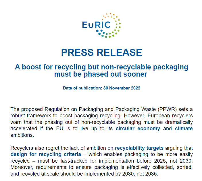 📣The EU has published its Packaging &amp; Packaging Waste Regulation proposal #PPWR.

✅Mandatory recycled content targets will stimulate demand &amp; spur #recycling investments.

🟠More ambition on phasing out non-recyclable packaging.

➡️Our press release: euric.link/PPWR