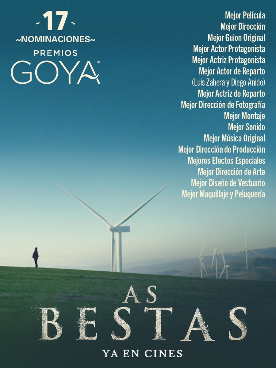 acontrafilms's tweet photo. “As Bestas” de Rodrigo Sorogoyen es la película con más nominaciones a los Premios #Goya2023 con un total de 17, incluyendo: 

Mejor Película
Mejor Dirección
Mejor Guion Original
Mejor Actor Protagonista
Mejor Actriz Protagonista

¡#AsBestas ya en cines! https://t.co/gkukcMdDR6