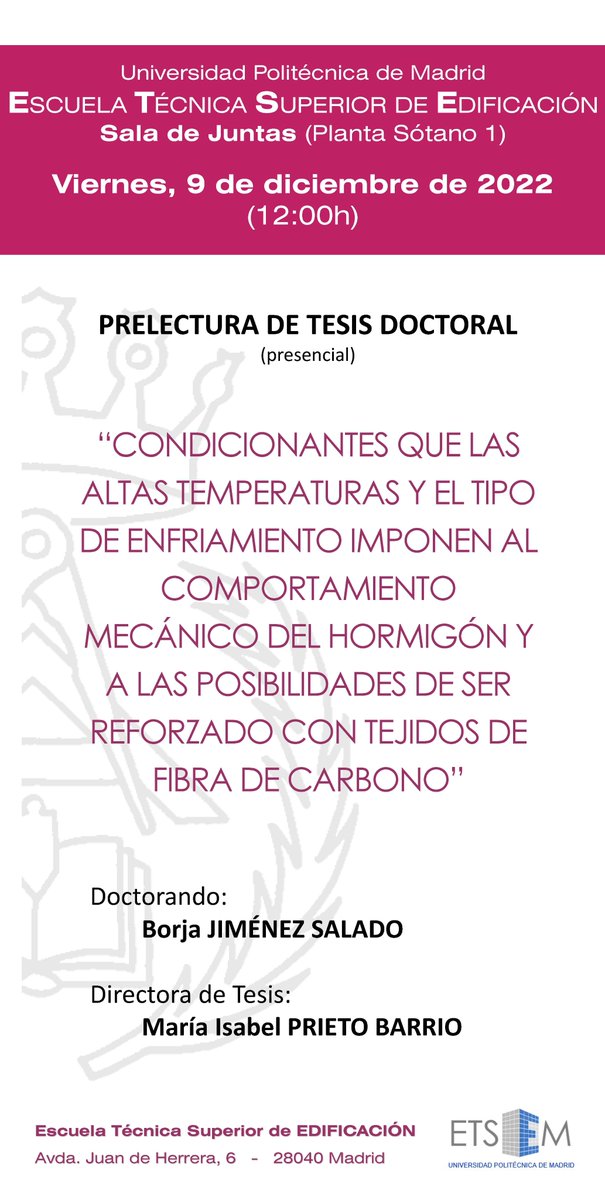 El viernes, 9 de diciembre, a las 12:00 horas, en la Sala de Juntas de la Escuela, tendrá lugar la Prelectura de Tesis Doctoral de:
Borja Jiménez Salado