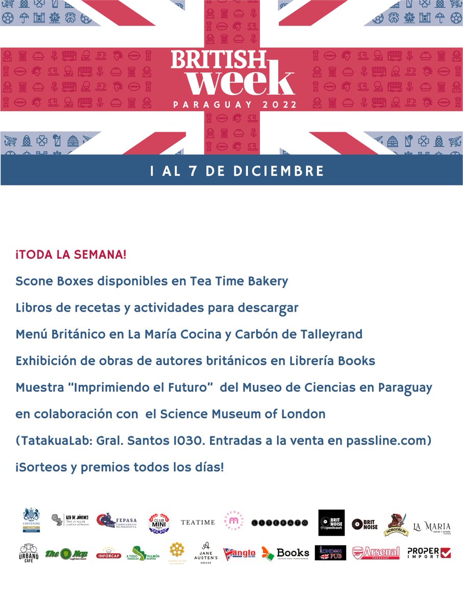 UKinParaguay's tweet photo. 🥳¡Hoy arrancamos la #BritishWeek con un montón de actividades! 🇬🇧 Te dejamos el programa del día aquí.

👉Más detalles sobre el programa, los enlaces de preinscripción y las actividades en: https://t.co/yyIpStsCsd https://t.co/5kIYuNrFMt