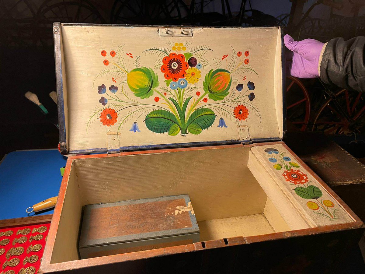 ☃️ Digital Advent Calendar Day 1☃️ 

Today we have an object that visitors wouldn't usually see open but was opened as part of some conservation work. This painted pine chest is Norwegian and from c1860. As you can see it is beautifully painted with floral decoration.