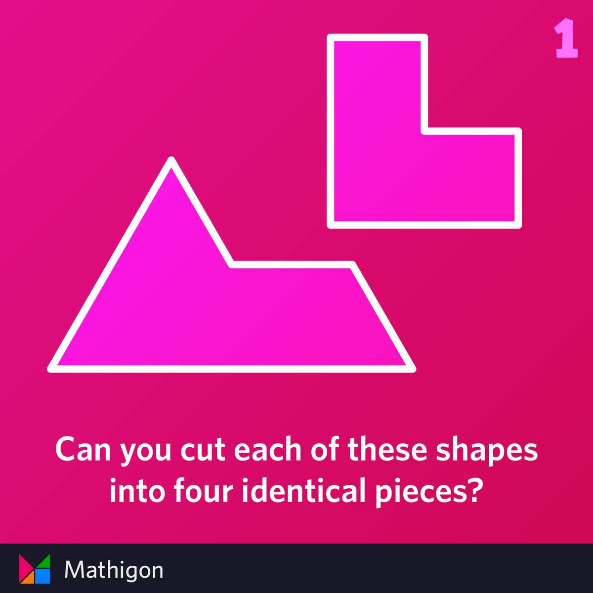MathigonOrg's tweet photo. DAY 1: Can you cut each of these two shapes into four identical pieces?

All puzzles and solutions at https://t.co/qNnNHDXfo2 https://t.co/ISsijgTMM6