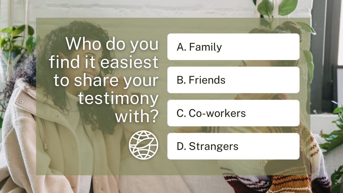 EEvangelism's tweet photo. Today, we want to hear from you! Which group of people is the easiest to share your testimony with?
Not sure how to share your story? Visit https://t.co/6WzkhbgdUV for our online testimony builder.
#ThursdayThoughts #ThursdayTestimony #YourStory #ShareYourFaith https://t.co/Y2syiJskDV