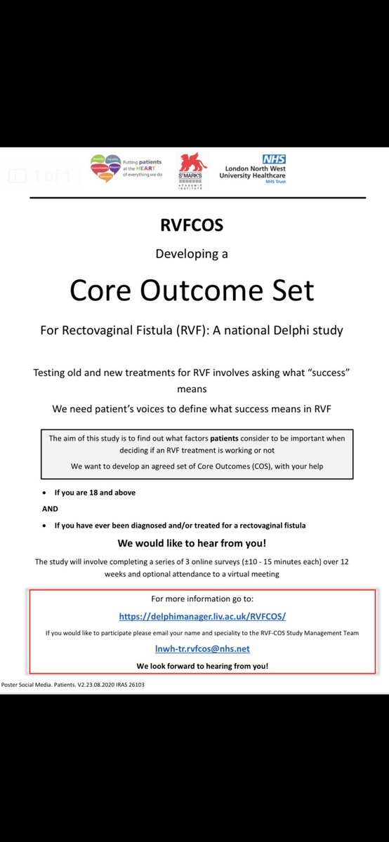 Charlene Sackitey (@charlenetb84) on Twitter photo 🗣️Calling all patients who have ever experienced a rectovaginal fistula! Please join our study below. Patient views are most important!
📋 2 surveys, 10-15 mins to complete
📨 lnwh-tr.rvfcos@nhs.net
Study link:
delphimanager.liv.ac.uk/RVFCOS/ 🗣️Calling all patients who have ever experienced a rectovaginal fistula! Please join our study below. Patient views are most important!
📋 2 surveys, 10-15 mins to complete
📨 lnwh-tr.rvfcos@nhs.net
Study link:
delphimanager.liv.ac.uk/RVFCOS/