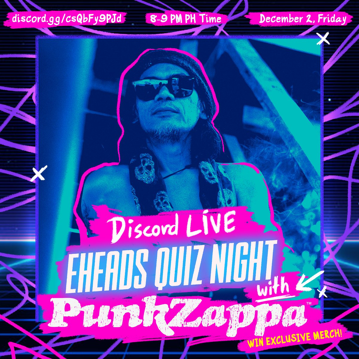 PunkZappaNft's tweet photo. Mga punks! Tara tambay! 

Join our Discord server on December 2, 8pm para sa isang quiz night! Baka ikaw ang mananalo ng exclusive Punk Zappa merch! Tara at click itong link: https://t.co/AaJym72nzL https://t.co/aPeo1tMprl