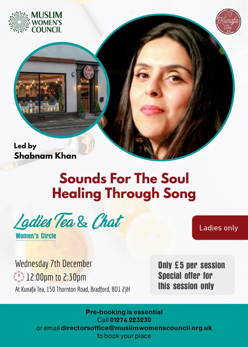 1/3
Ladies Tea &amp; Chat

LIMITED SPACES AVAILABLE-PRE BOOKING IS ESSENTIAL

Ladies! Join us for a lunch, tea &amp; chat on Wednesday 7th December from 12pm to 2:30pm.
Enjoy a delicious meal at Kunafa Tea, get to know others in the group &amp; discuss relevant topics ❤️ 
#WomensCircle