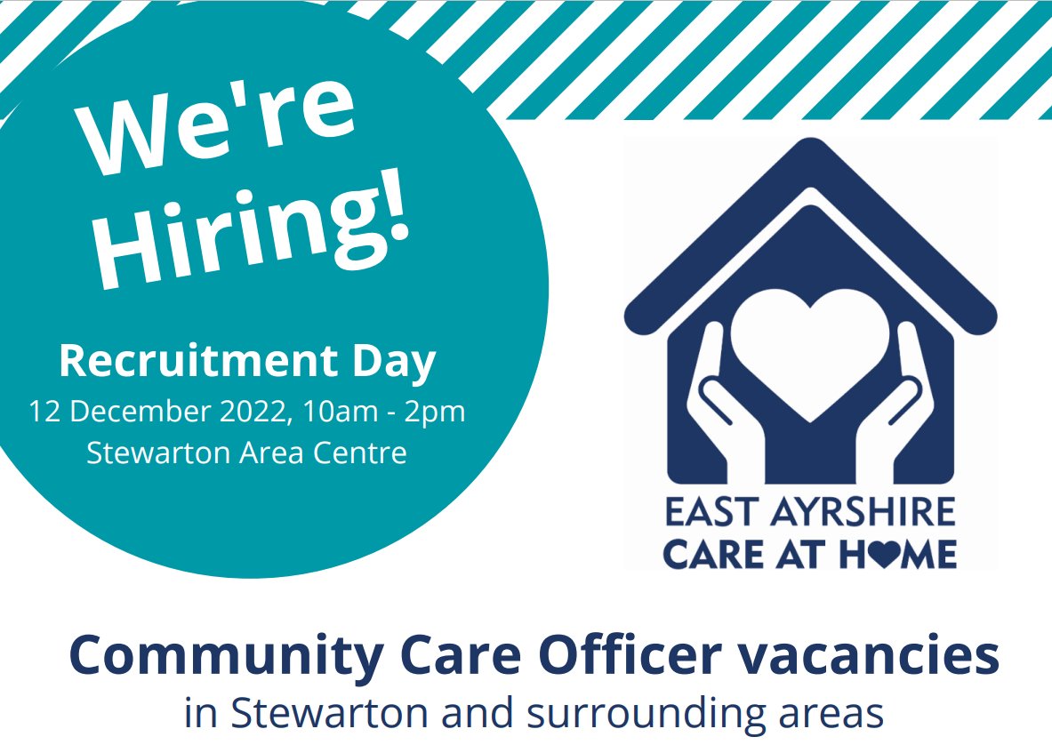Ever thought about a career in care? 🤔

Come to our Stewarton Care At Home Recruitment Day and find out about opportunities for people in Stewarton and surrounding area.

There might be one that’s perfect for you!🤩

Monday 12 December, 10am - 2pm, at Stewarton Area Centre. 🏠