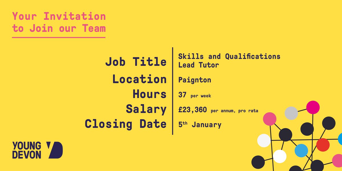 This is your Invitation to join Young Devon as a Skills and Qualifications Lead Tutor...

youngdevon.org/work-for-us/sk…

We've been helping young people thrive for over 70 years. Join our team in #Paignton &amp; help us make a difference!💛

#Devon #nowhiring #applynow #jobseekers #hiring