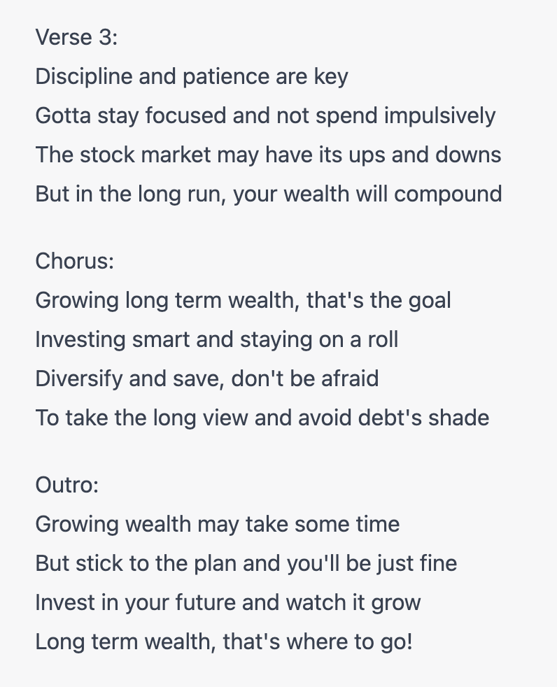 dollarsanddata's tweet photo. I asked AI to write a rap song about growing your long term wealth and it's exactly what I expected lol https://t.co/MXU2xYegbE