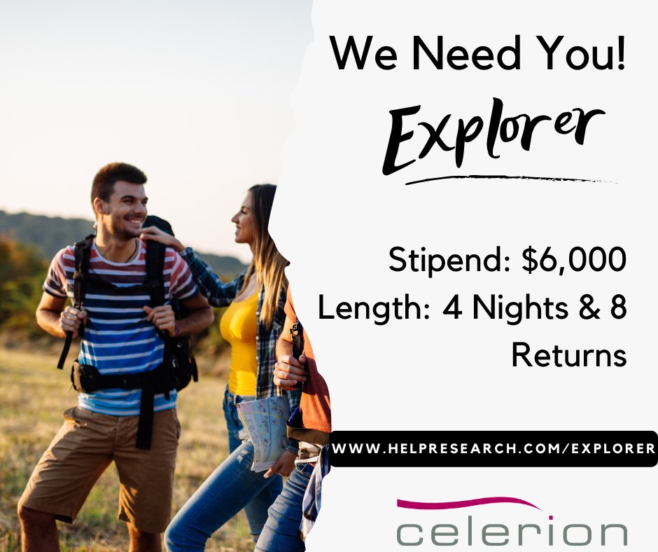 We Need You! Join our Explorer Study and earn up to $6,000 for a 4 Night Stay &amp; 8 Returns. Refer a Friend for Explorer and earn $500! To see if you qualify visit HelpResearch.com/Explorer today! 
 #clinicaltrials #clinicalresearch #explorer